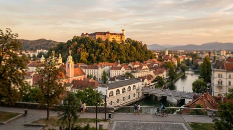 An elevated view of Ljubljana at sunset, showing the castle on a hill above the old town and Ljubljanica river.