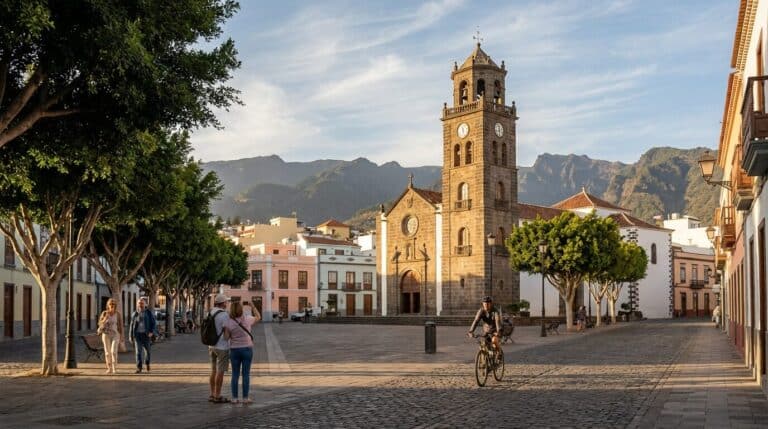 The sunlit Plaza de España in Los Llanos de Aridane, with its historic church and mountains in the background.