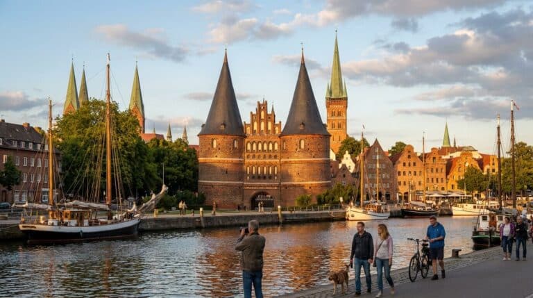 The historic Holstentor gate in Lübeck at sunset, viewed from across the Trave River with people walking by.