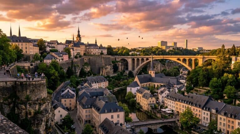 Scenic sunset view over the historic old town, the Grund, and Passerelle bridge in Luxembourg City, Luxembourg.