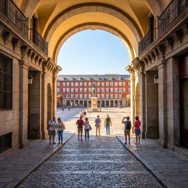 Tourists on a cobblestone street walk through a large archway into the historic Plaza Mayor in Madrid.