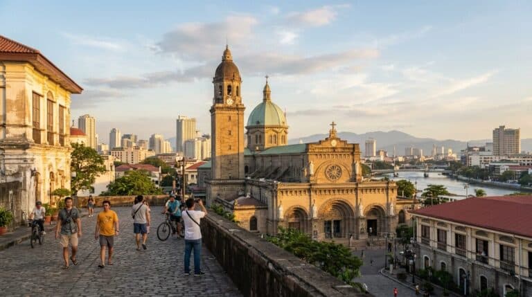 Tourists walk along the walls of Intramuros overlooking the Manila Cathedral and the modern city skyline at sunset.