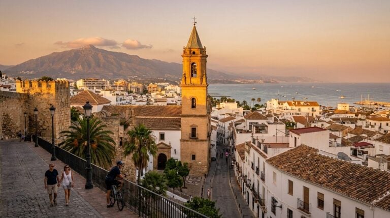 A scenic view over the old town of Marbella at sunset, featuring the Iglesia de la Encarnación.