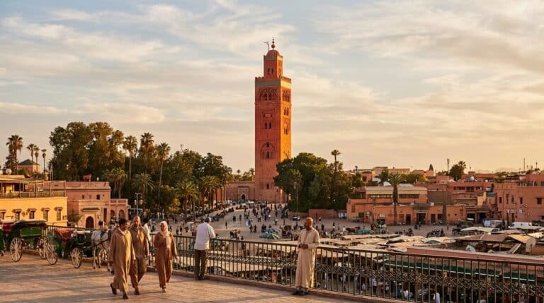 A view over the bustling Djemaa el-Fna square in Marrakesh, with the Koutoubia Mosque standing tall at sunset.