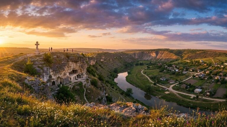 A scenic sunset view over the Orheiul Vechi archaeological complex and the Răut river valley in Moldova.