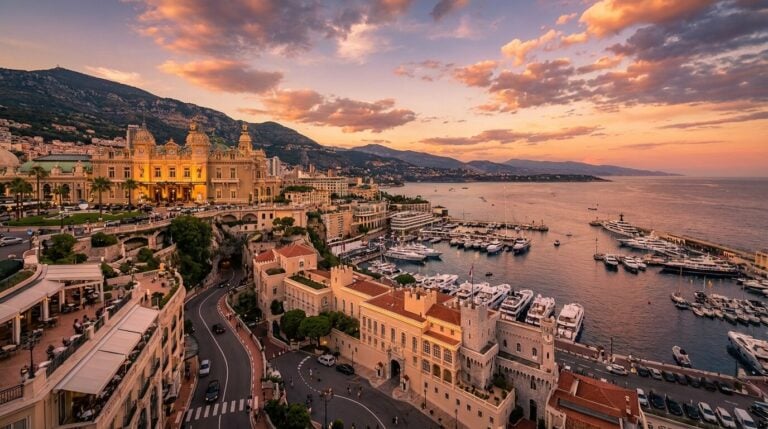 An elevated view of the Monte Carlo Casino and Port Hercules in Monaco during a colorful sunset.