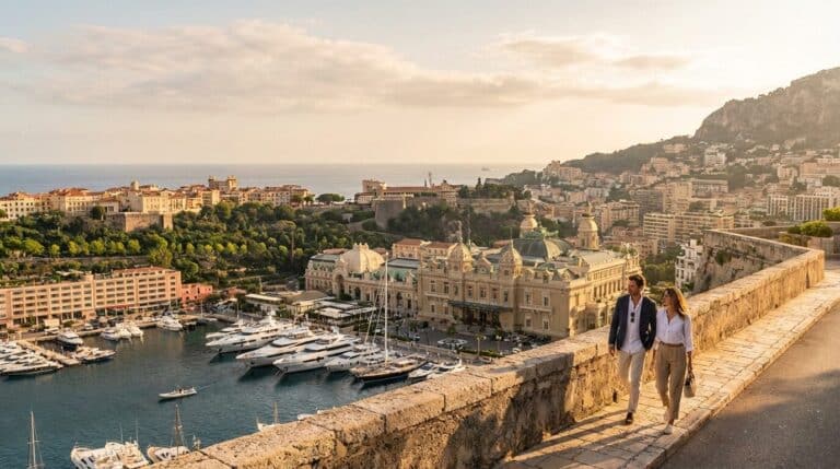 A stylish couple walks along a viewpoint overlooking Port Hercules and the Monte Carlo Casino in Monaco.