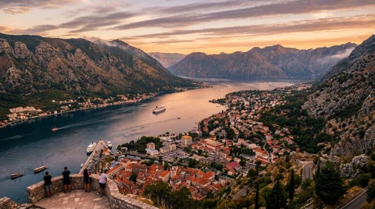 An elevated view of the historic town of Kotor nestled beside the Bay of Kotor in Montenegro at sunset.