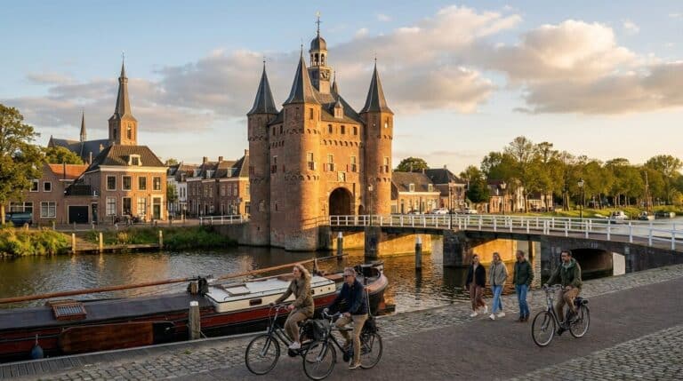 The historic IJsselpoort city gate stands over the Hollandse IJssel canal in Montfoort at sunset.