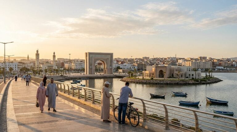 People walk along the waterfront promenade in Nador, Morocco at sunset, with boats on the lagoon and the city in the background.