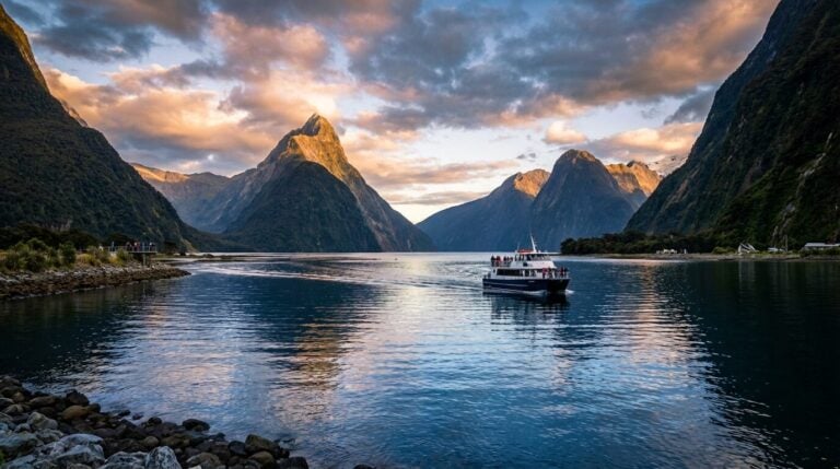 A tour boat sails through Milford Sound in New Zealand at sunset, with the iconic Mitre Peak illuminated.