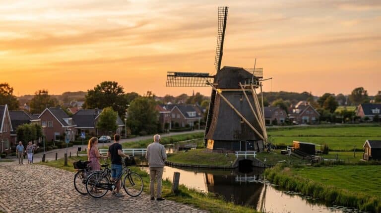 People with bicycles admiring the historic Molen van Massier windmill in Nieuwleusen during a beautiful sunset.