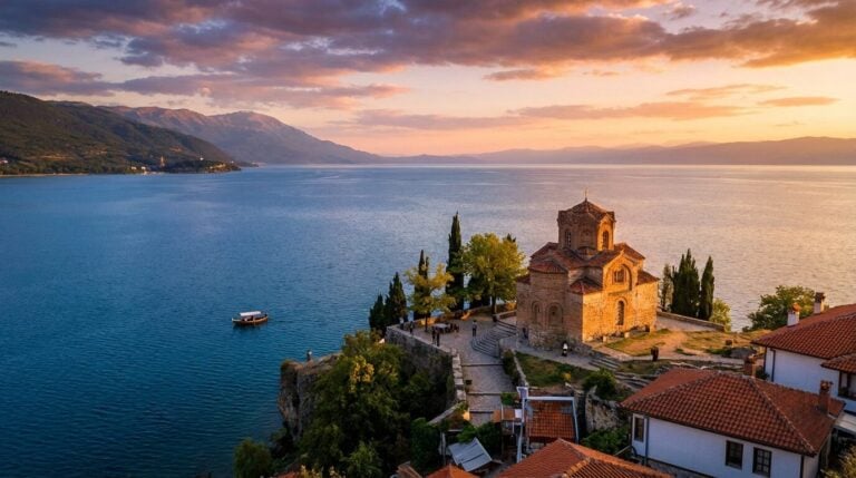 The Church of St. John at Kaneo overlooks Lake Ohrid in North Macedonia as the sun sets behind the mountains.
