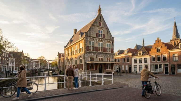 The historic Heksenwaag building in Oudewater stands by a canal with people and cyclists during a golden sunset.