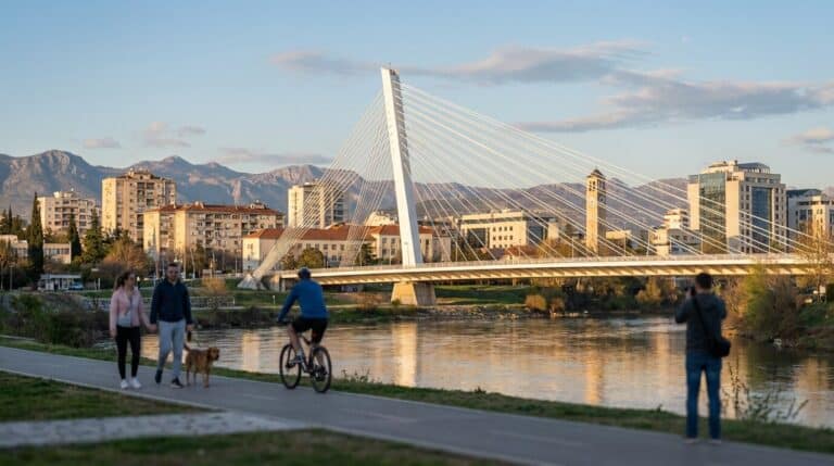 The Millennium Bridge in Podgorica, with people walking and cycling on the path along the Morača River at golden hour.