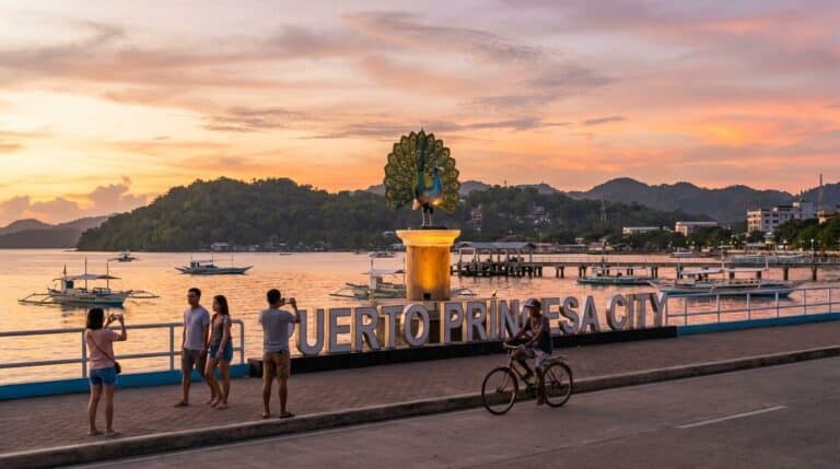 Tourists and a cyclist by the Puerto Princesa City sign and peacock statue on the baywalk at sunset.