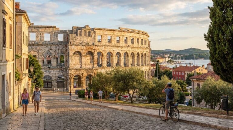 Tourists walk along a cobblestone street in Pula with the ancient Roman Arena in the background at sunset.