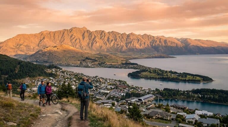 A group of hikers on a trail overlooking Queenstown, Lake Wakatipu, and The Remarkables mountain range at sunset.