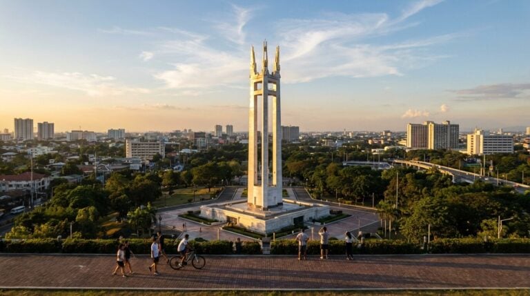 An elevated view of the Quezon Memorial Shrine at sunset, with the Quezon City skyline in the background.