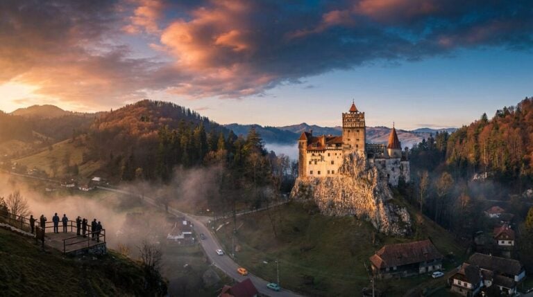Bran Castle in Transylvania, Romania, perched on a dramatic cliff at sunset with mist in the valleys below.