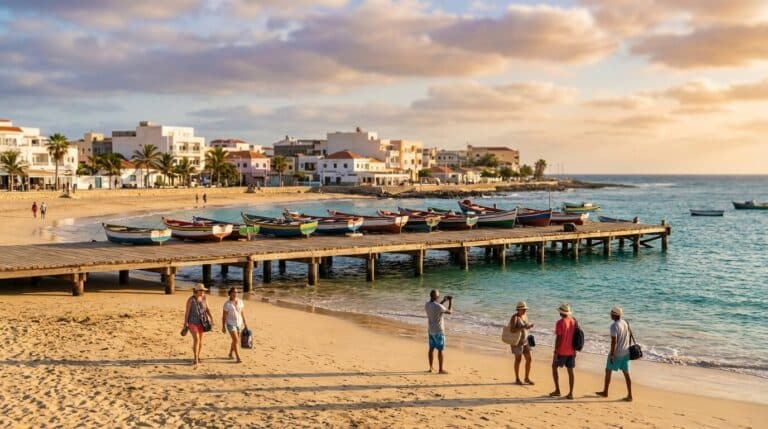 Tourists walk on the beach next to the wooden pier with colorful fishing boats in Santa Maria, Sal.