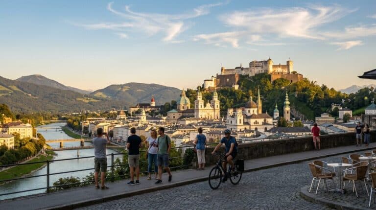 A scenic view of Salzburg's Old Town and the Salzach River with the Hohensalzburg Fortress on a hill.