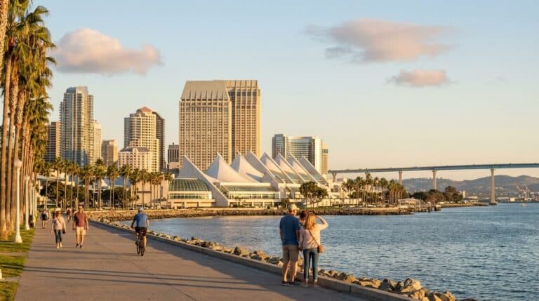 People walking along the San Diego waterfront promenade with the Convention Center and city skyline in the background.