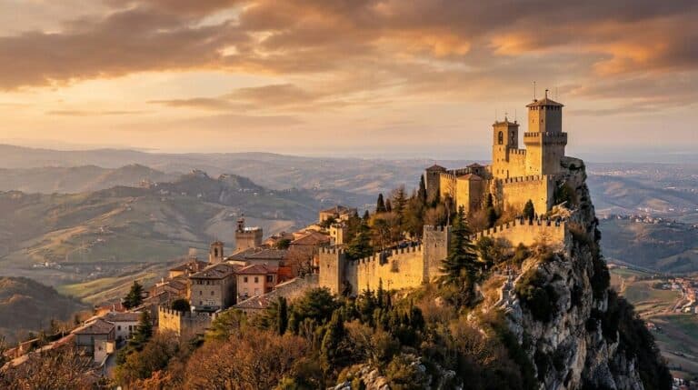 The historic Guaita Tower sits atop Monte Titano in San Marino, overlooking the rolling landscape at sunset.