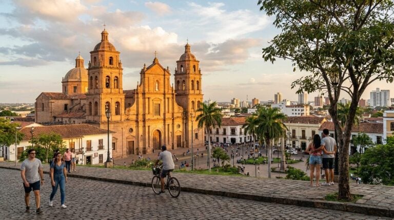 View from a cobblestone street of the Basilica of San Lorenzo in Santa Cruz de la Sierra at sunset.