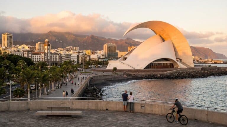 The Auditorio de Tenerife and city skyline are bathed in golden light during sunset in Santa Cruz de Tenerife.