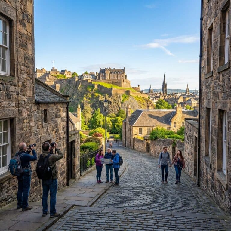 Tourists on the cobblestone Vennel Steps enjoy the classic view of Edinburgh Castle on a sunny day in Scotland.