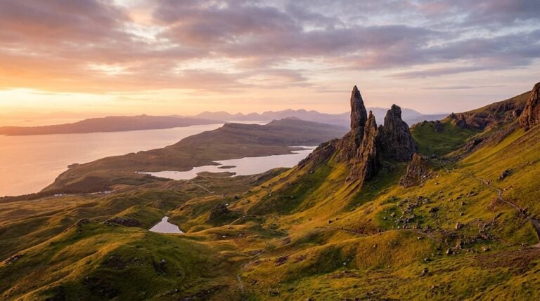 The Old Man of Storr rock formation on the Isle of Skye in Scotland during a beautiful sunrise.