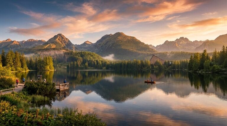 A scenic view of Štrbské pleso lake reflecting the High Tatras mountains at sunset in Slovakia.