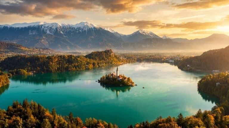 An aerial view of Lake Bled in Slovenia during a golden sunset, showing the island church and distant mountains.