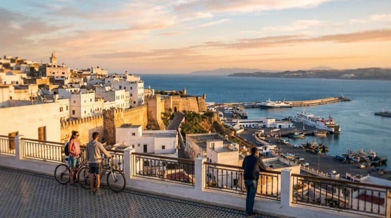 Tourists on a viewpoint overlooking the historic Kasbah and the bustling Port of Tanger during a beautiful golden sunset.