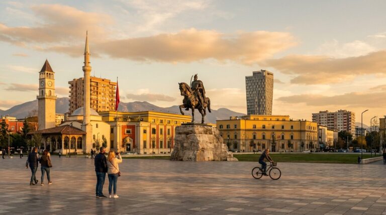 The Skanderbeg Monument in Skanderbeg Square, Tirana, with the Et'hem Bey Mosque and Clock Tower at sunset.