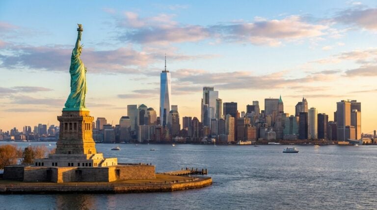 The Statue of Liberty overlooks the Lower Manhattan skyline during a colorful sunset in New York City, United States.
