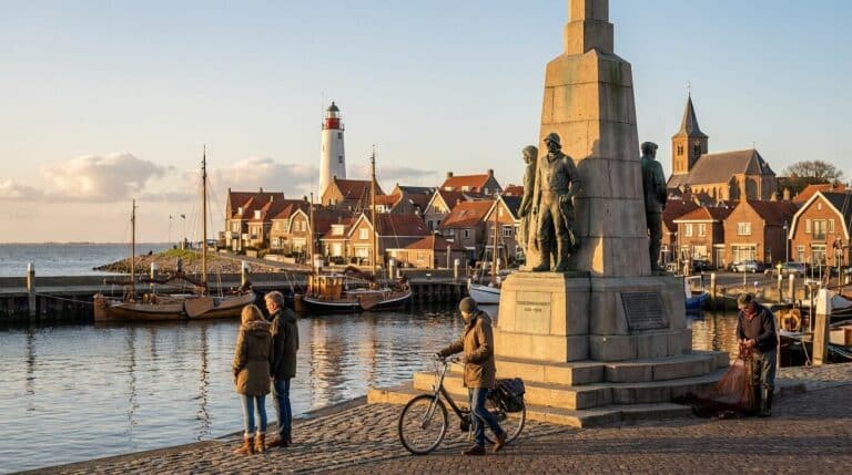 The harbor of Urk at sunset, with the fishermen's monument, traditional boats, and the historic lighthouse.