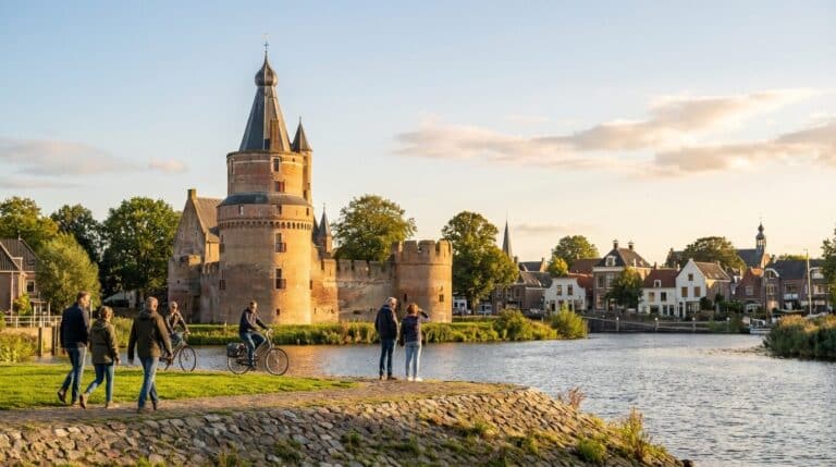A scenic view of Duurstede Castle at sunset with people strolling along the waterfront in Wijk bij Duurstede.