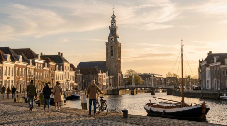 People walking along the Oude Haven canal in Zierikzee at sunset, with the Sint-Lievensmonstertoren in the background.