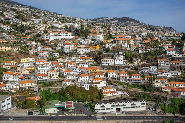 A high-angle view over the city of Funchal, with numerous white houses and orange roofs covering a steep hillside.