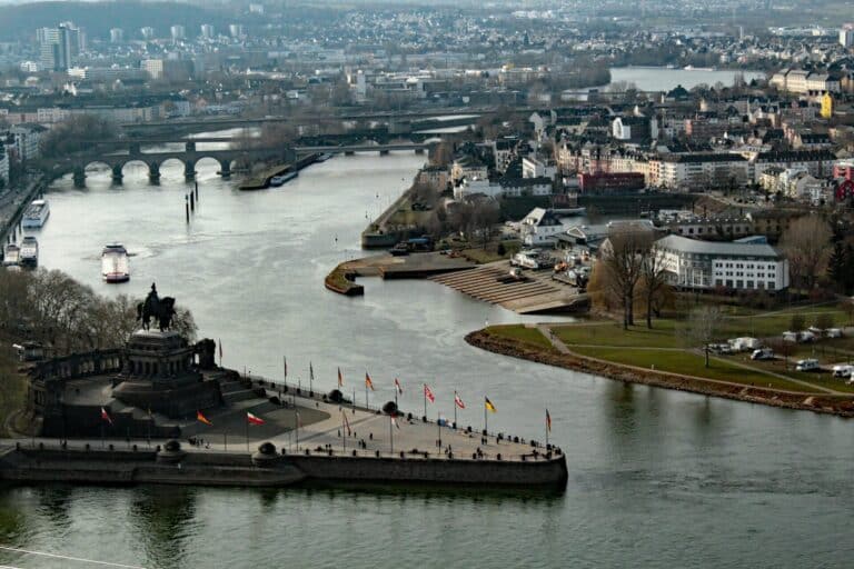 An aerial view of the Deutsches Eck monument at the confluence of the Rhine and Moselle rivers in Koblenz.