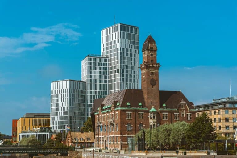 The historic World Maritime University building beside the modern Malmö Live complex on the waterfront in Malmö, Sweden.