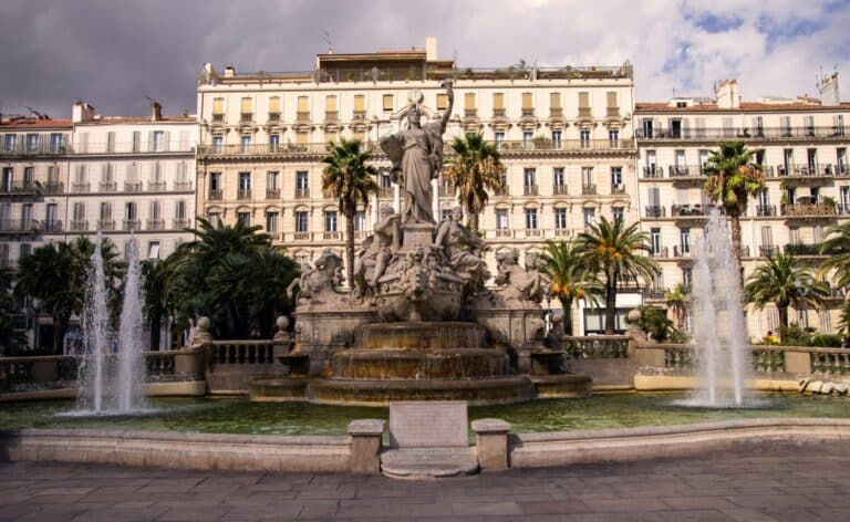 The ornate Fontaine de la Fédération sits in the center of Place de la Liberté in Toulon, France.