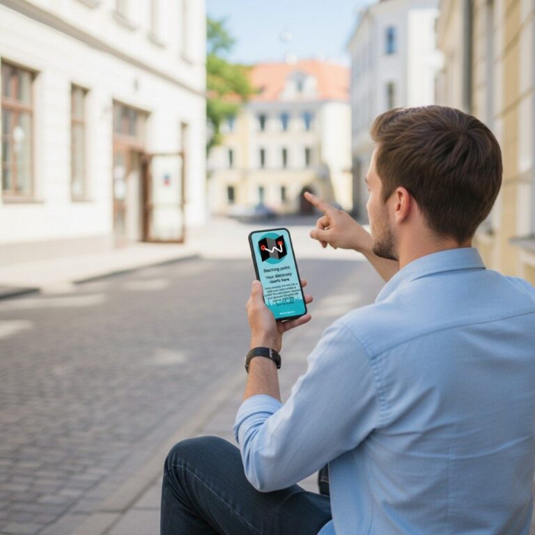 Ein Mann sitzt auf einer Kopfsteinpflasterstraße in Vilnius und hält ein Telefon mit einer Karte in der Hand, die auf Gebäude zeigt.