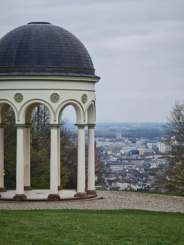 The classical Monopteros temple on Neroberg hill, providing a scenic viewpoint over the city of Wiesbaden, Germany.