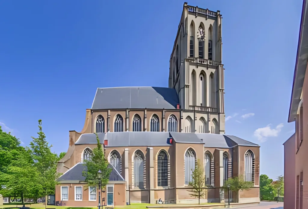 City Game Brielle cathedral in Holland with bell tower at summer time