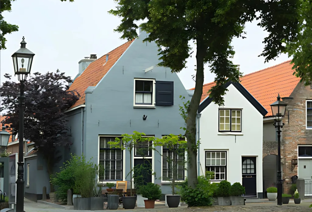 City Game Harderwijk cobblestones, small historical houses with tiles on the roofs, in front decorated with planters, plants, trees and old street lamps