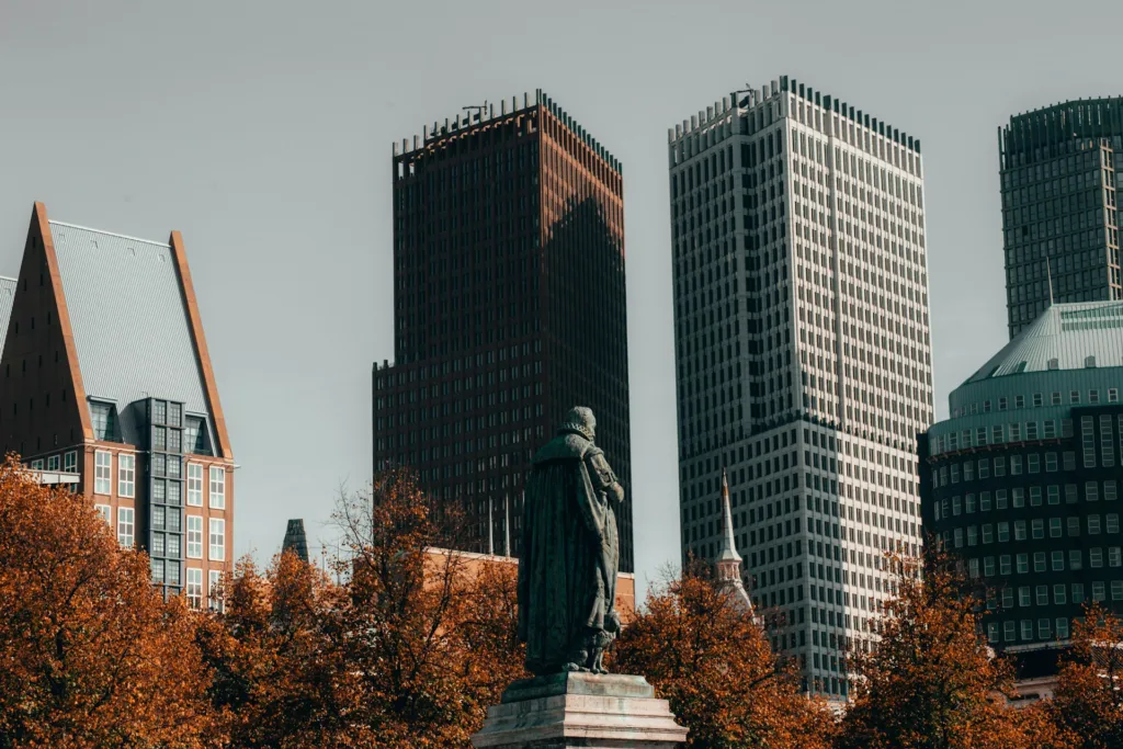 City Game The Hague statue and skyscrapers