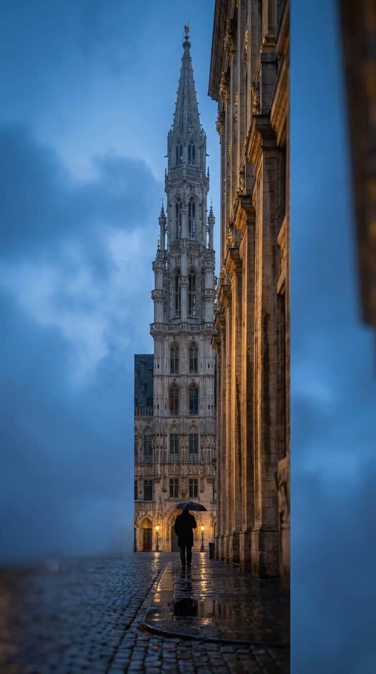 Brussels Town Hall on a Rainy Evening